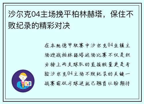 沙尔克04主场挽平柏林赫塔,保住不败纪录的精彩对决